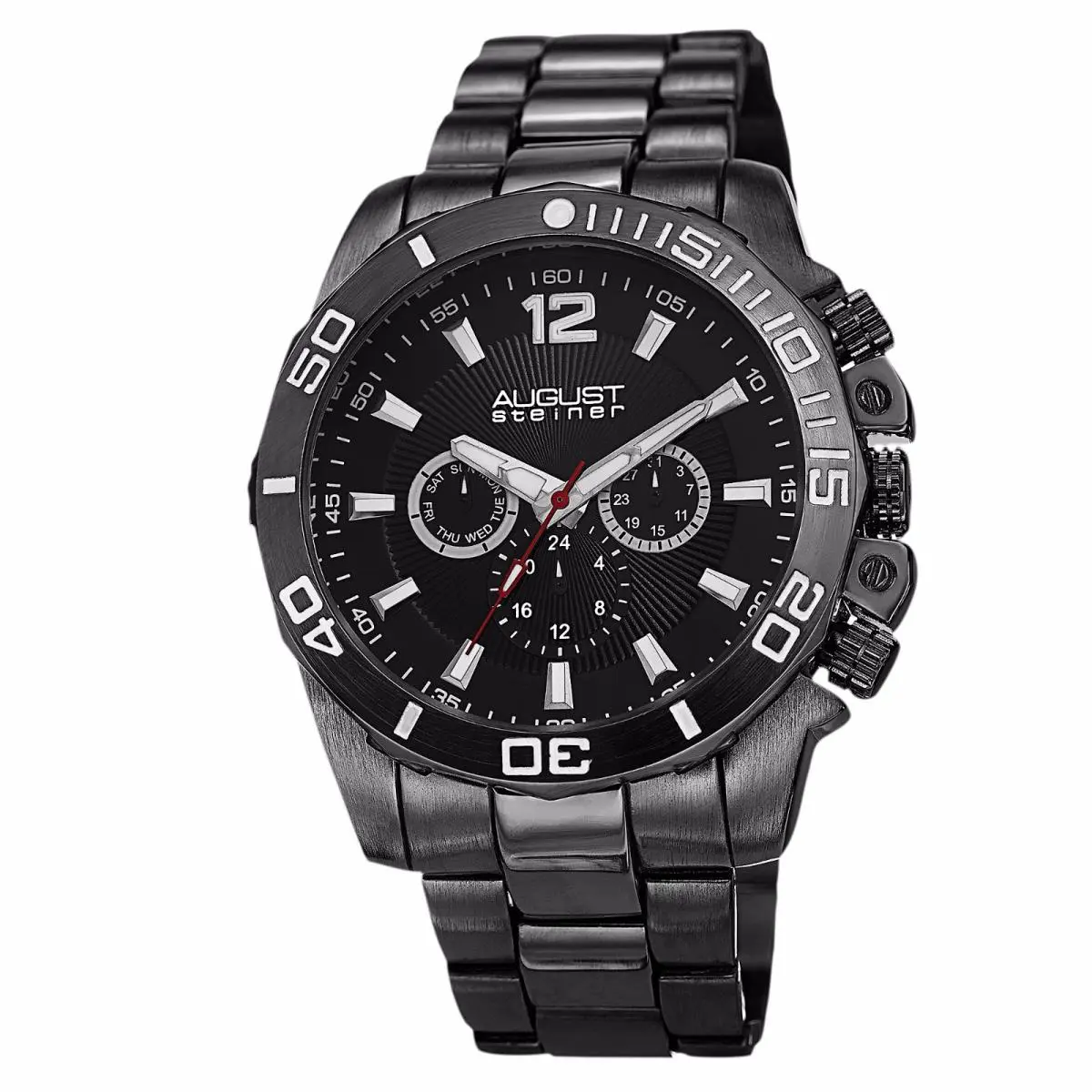 AS8113 Men’s Swiss Multifunction Day Date Bracelet Watch Jet Black by August Steiner