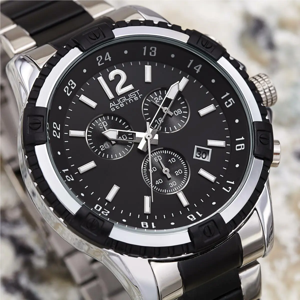 Men`s  AS8229 Swiss Quartz Chronograph Stainless Steel Watch Silver Tone With Black Accents by August Steiner