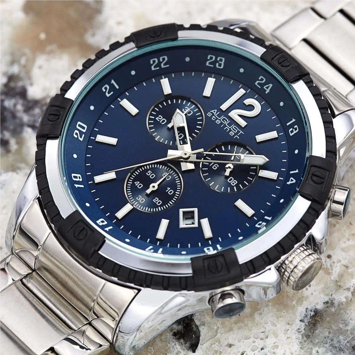 Men`s  AS8229 Swiss Quartz Chronograph Stainless Steel Watch Silver with Blue Accents by August Steiner