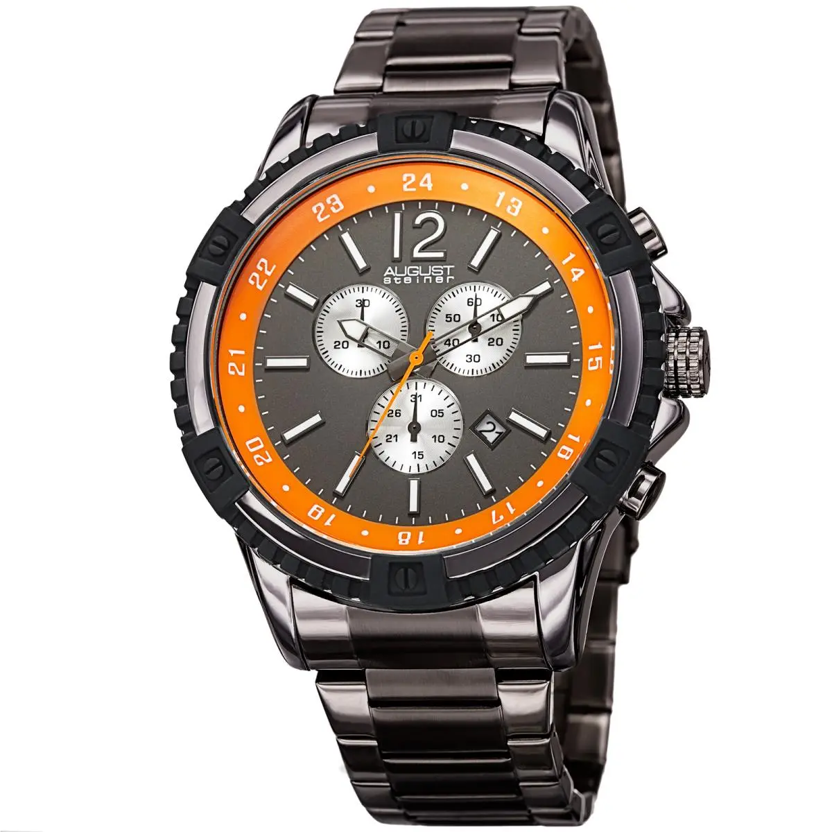 Men`s  AS8229 Swiss Quartz Chronograph Stainless Steel Watch Gunmetal Grey with Orange Accents by August Steiner