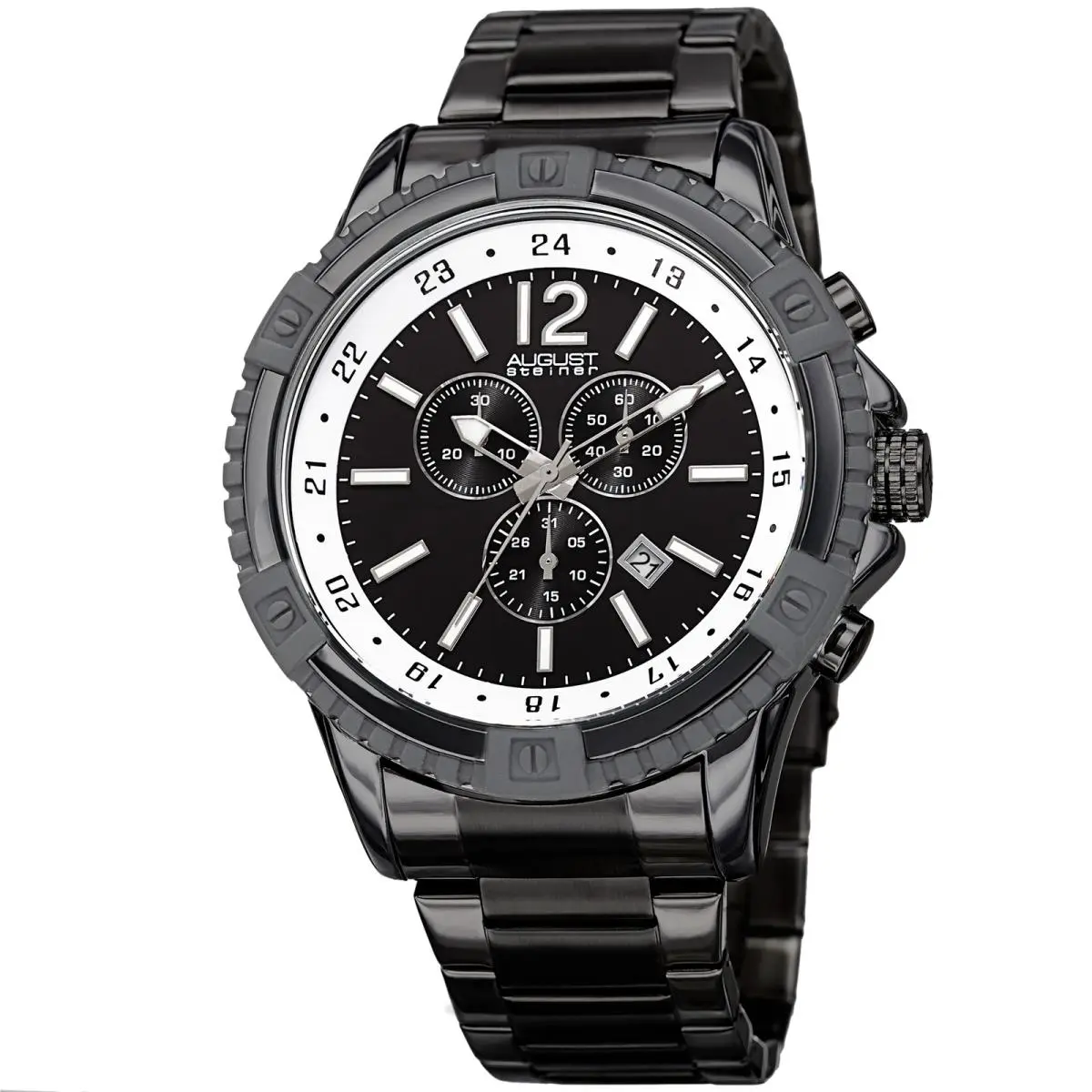 Men`s  AS8229 Swiss Quartz Chronograph Stainless Steel Watch Jet Black by August Steiner