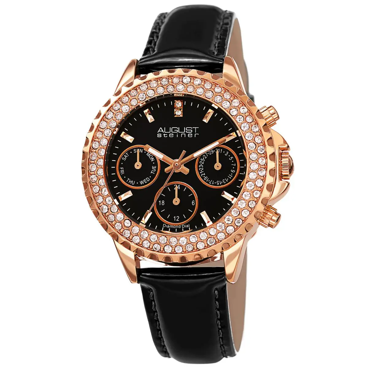 Women`s  AS8267 Crystal Diamond Marker Day Date 24 Hrs Strap Watch Black by August Steiner