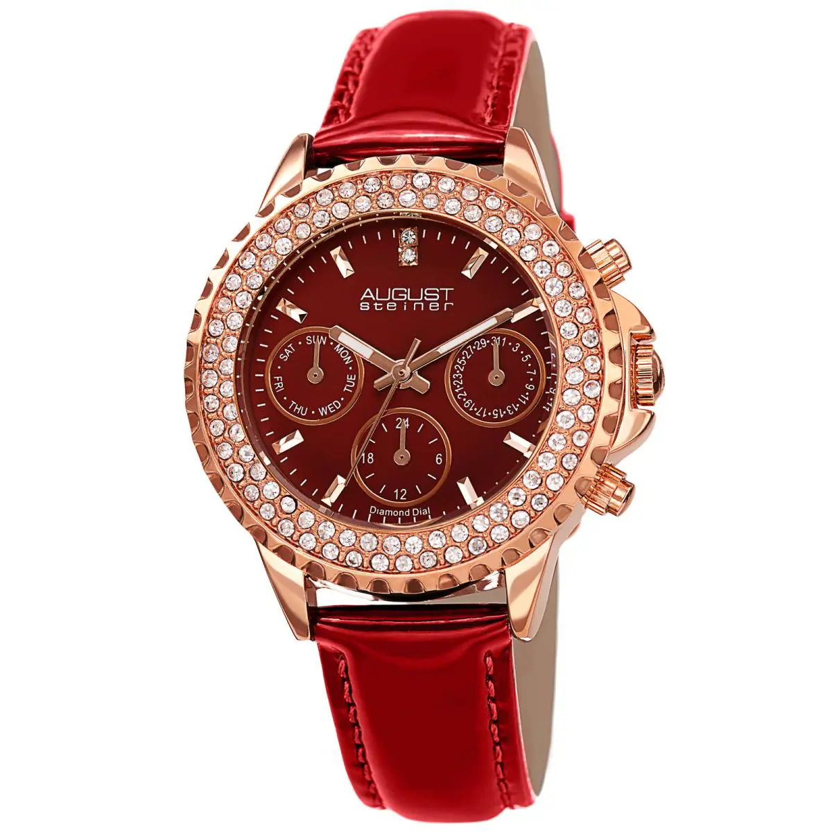 Women`s  AS8267 Crystal Diamond Marker Day Date 24 Hrs Strap Watch Red by August Steiner