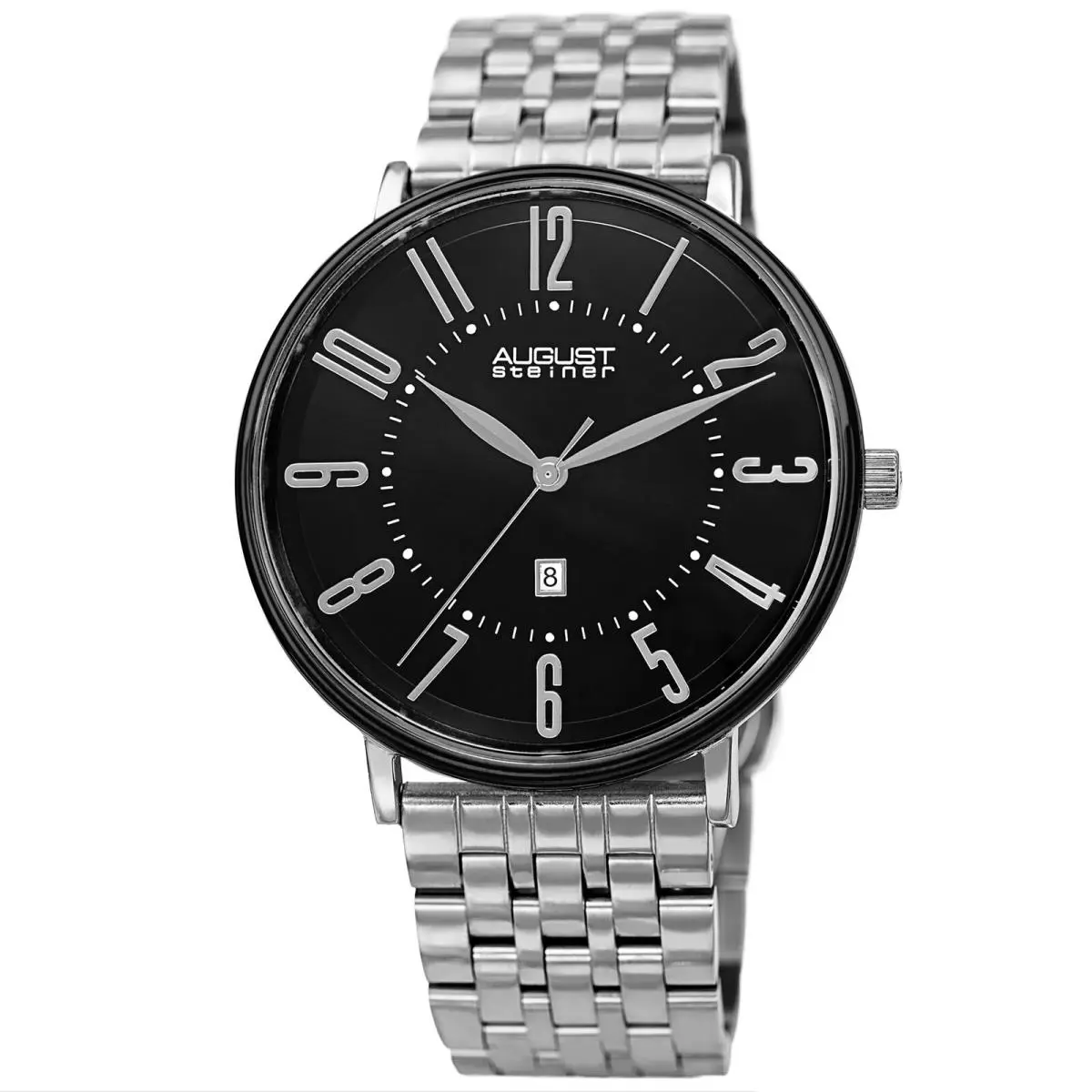 Men`s  AS8257 Quartz Date Stainless Steel Link Bracelet Watch Black on Silver by August Steiner