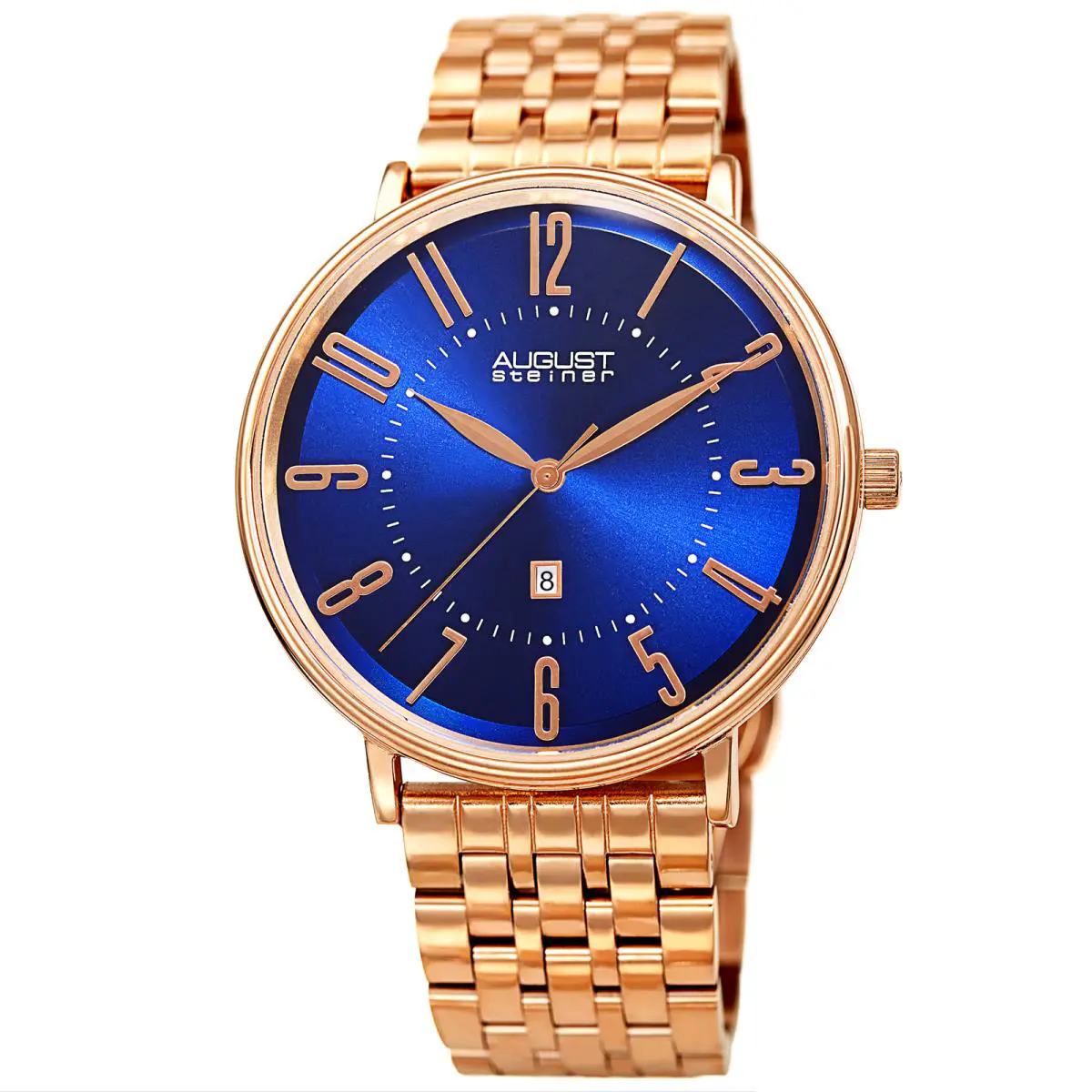 Men`s  AS8257 Quartz Date Stainless Steel Link Bracelet Watch Blue on Rose Tone by August Steiner