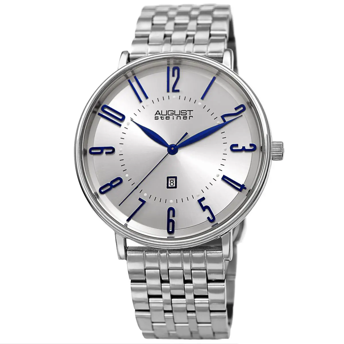 Men`s  AS8257 Quartz Date Stainless Steel Link Bracelet Watch Silver by August Steiner