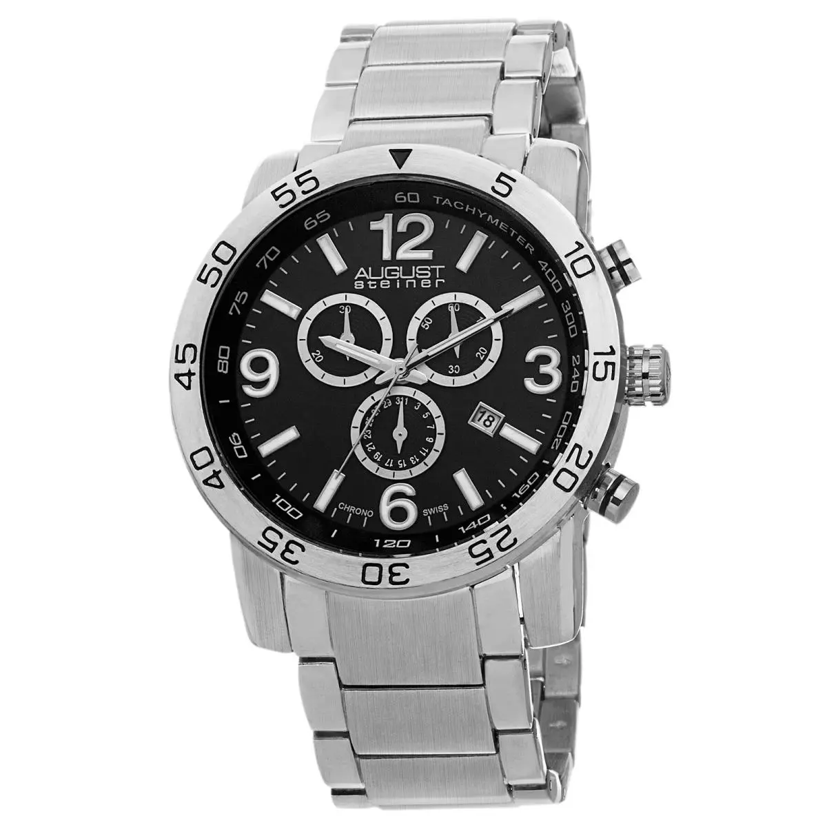 Men`s  AS8097SSB Swiss Chronograph Tachymeter Black Dial Watch by August Steiner