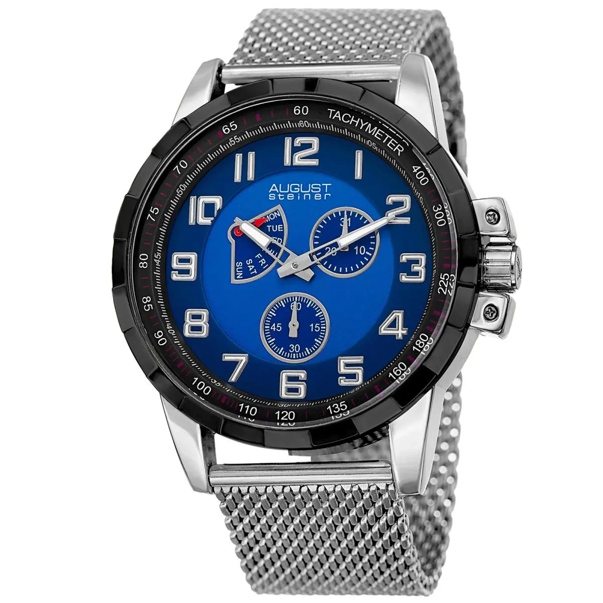 Men`s  AS8202SSBU Small Seconds Date Tachymeter Steel Mesh Watch by August Steiner