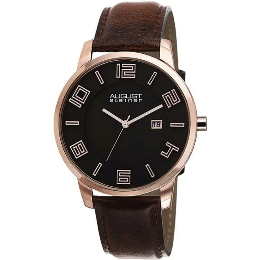 August Steiner AS8108RG Swiss Quartz Date Leather Strap Brown Mens Watch