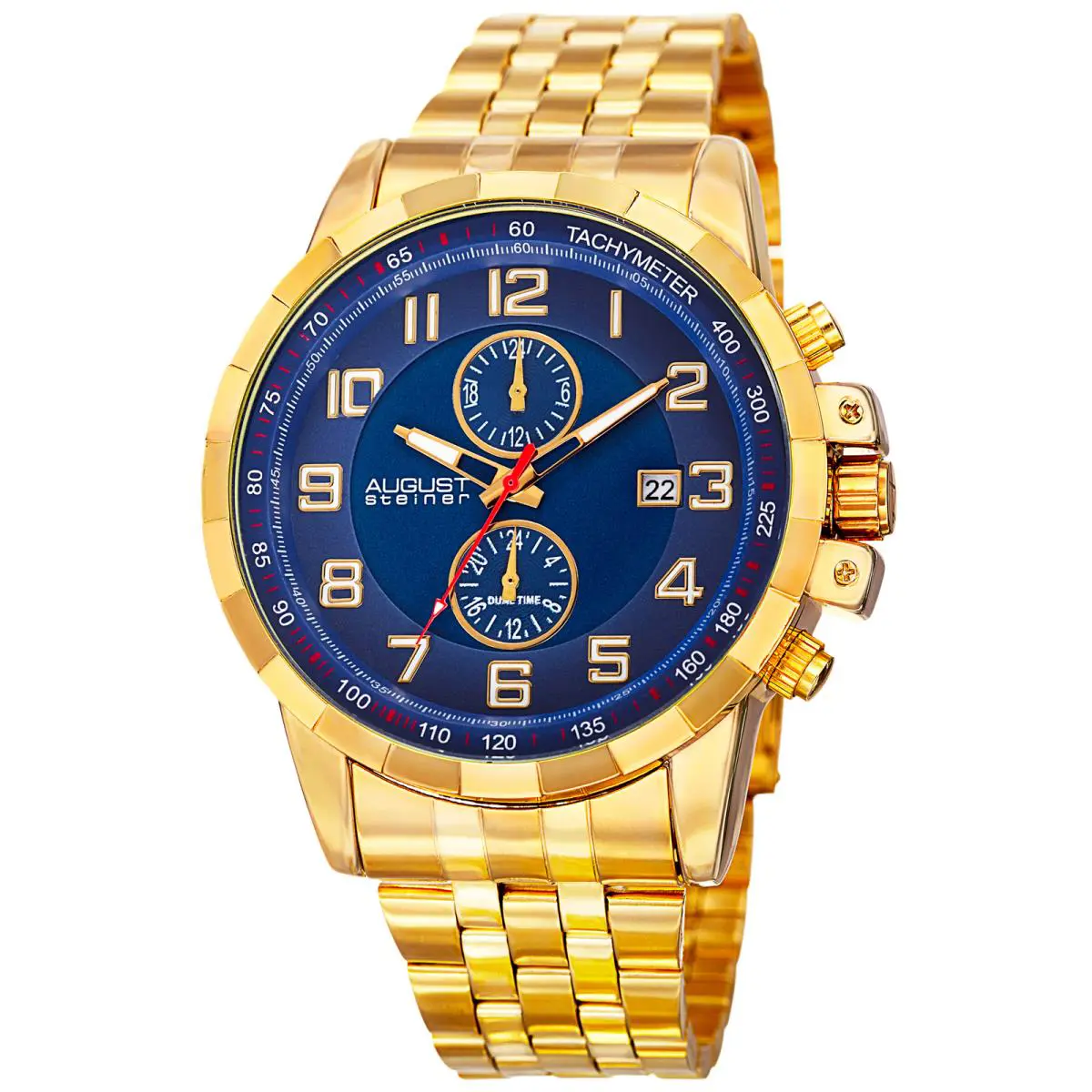 Men`s August Steiner AS8153YGBU Two Time Zone Date Quartz Tachymeter Steel Watch