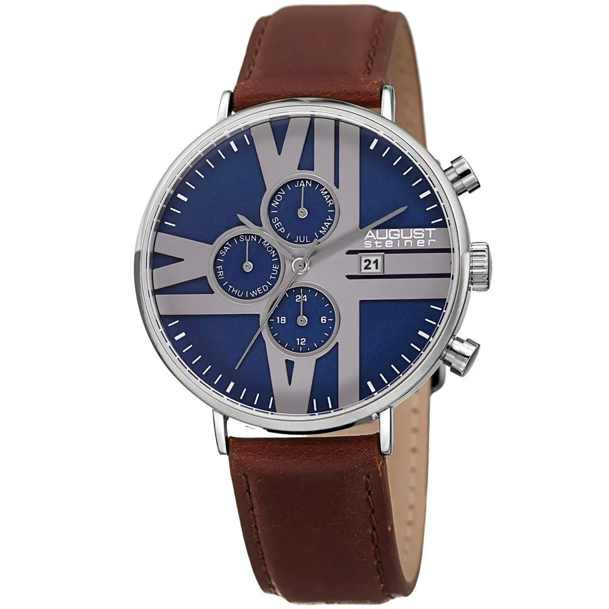 Men`s August Steiner AS8212SSBU 24 Hour Counter Date Leather Strap Watch