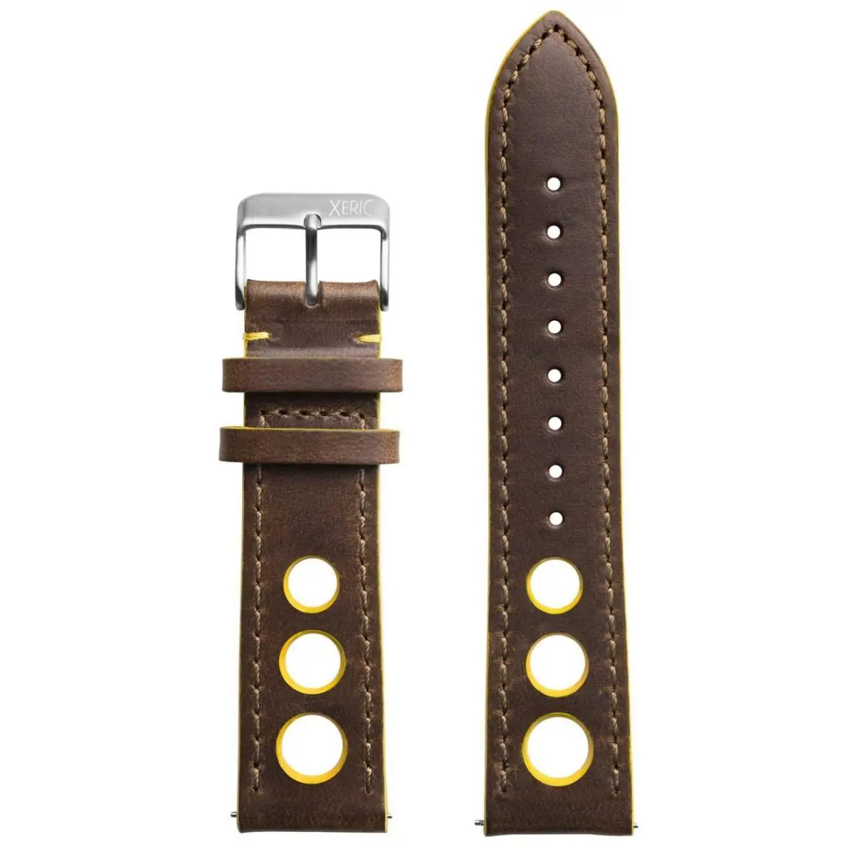 22mm Horween Leather Rally Brown Yellow Strap Silver Buckle by Xeric