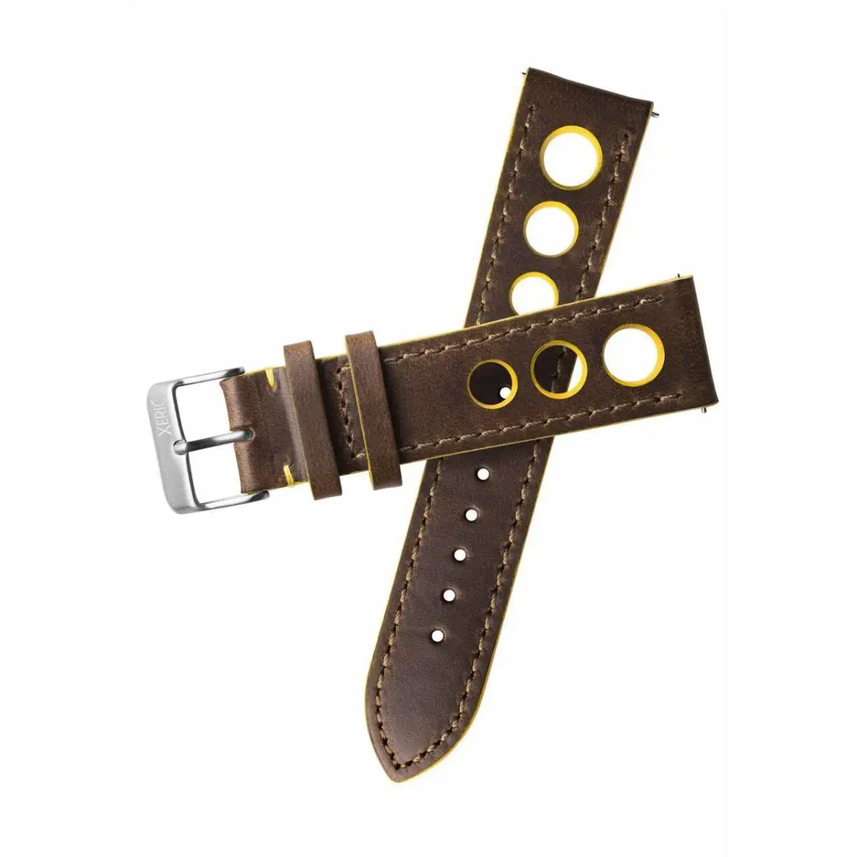 20mm Horween Leather Rally Brown Yellow Strap Silver Buckle by Xeric