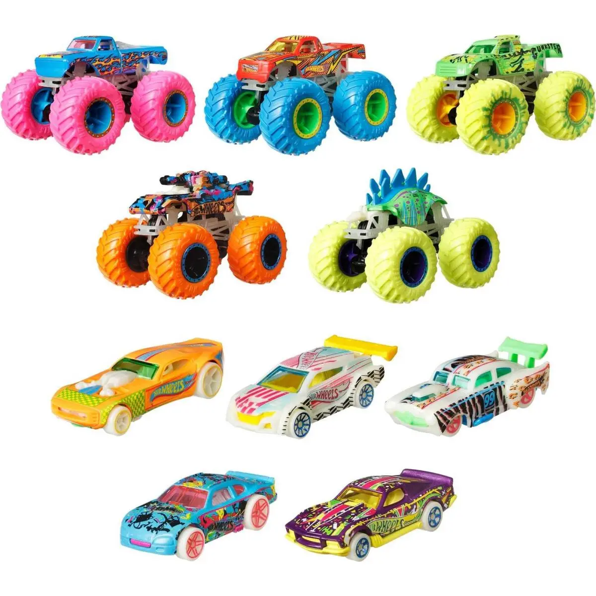 Hot Wheels Monster Trucks Glow in The Dark 10 Pack Die Cast Vehicles Set