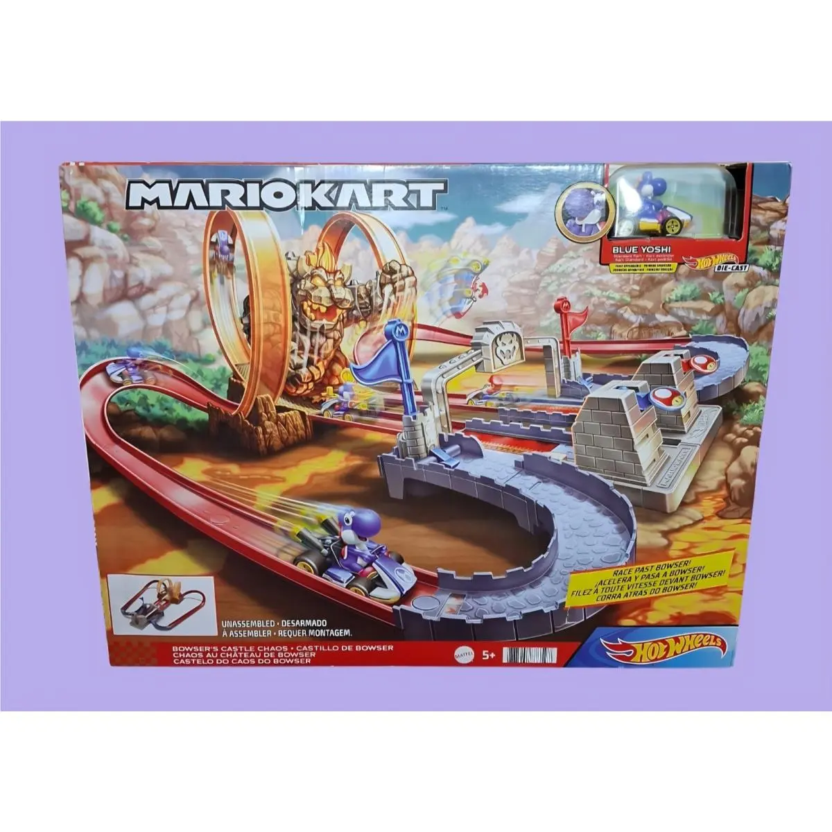 Hot Wheels Mario Kart Bowser’s Castle Chaos Circuit Track Set W Blue Yoshi - Multi-Color