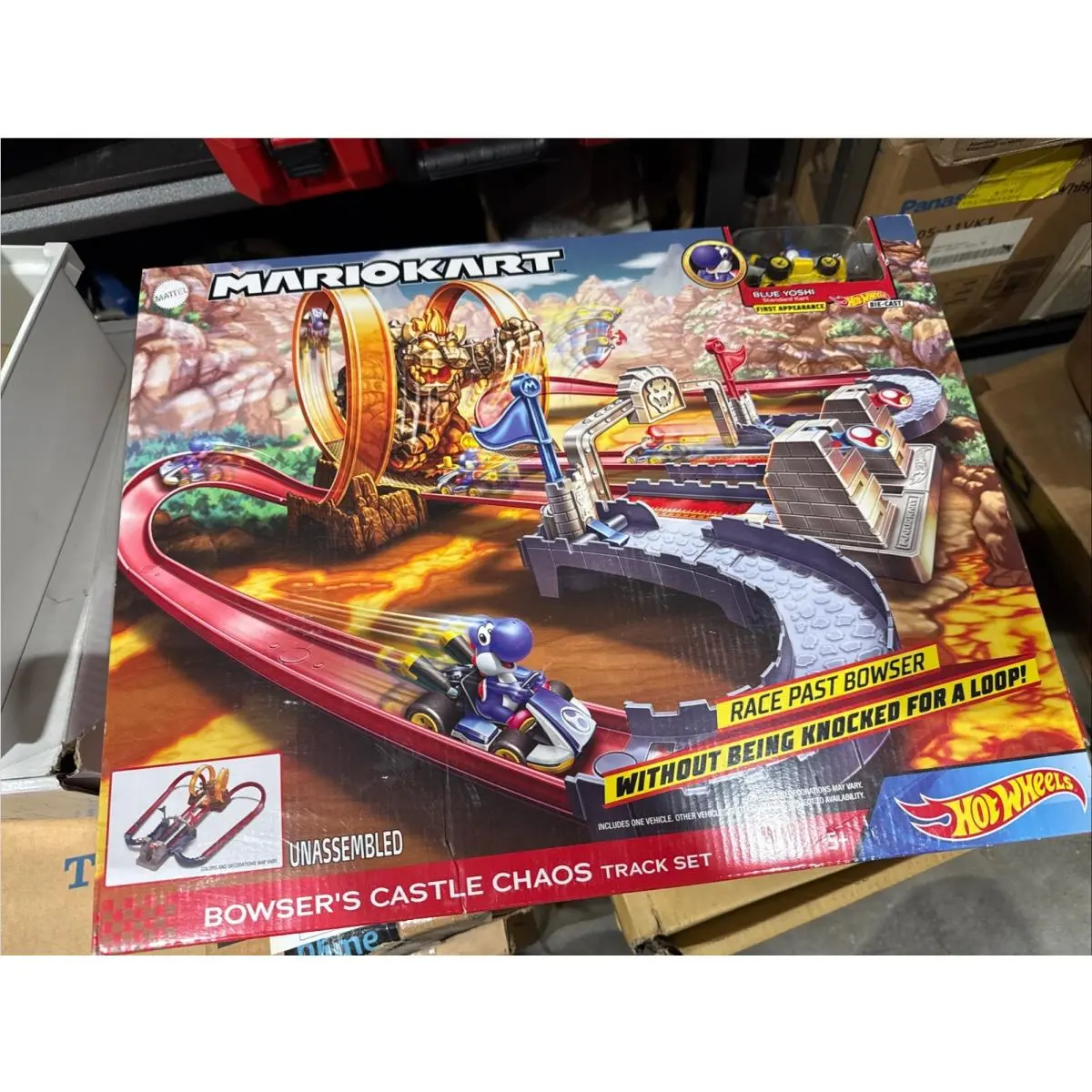 Hot Wheels Mario Kart Bowser’s Castle Chaos Circuit Track Set with Blue Yoshi