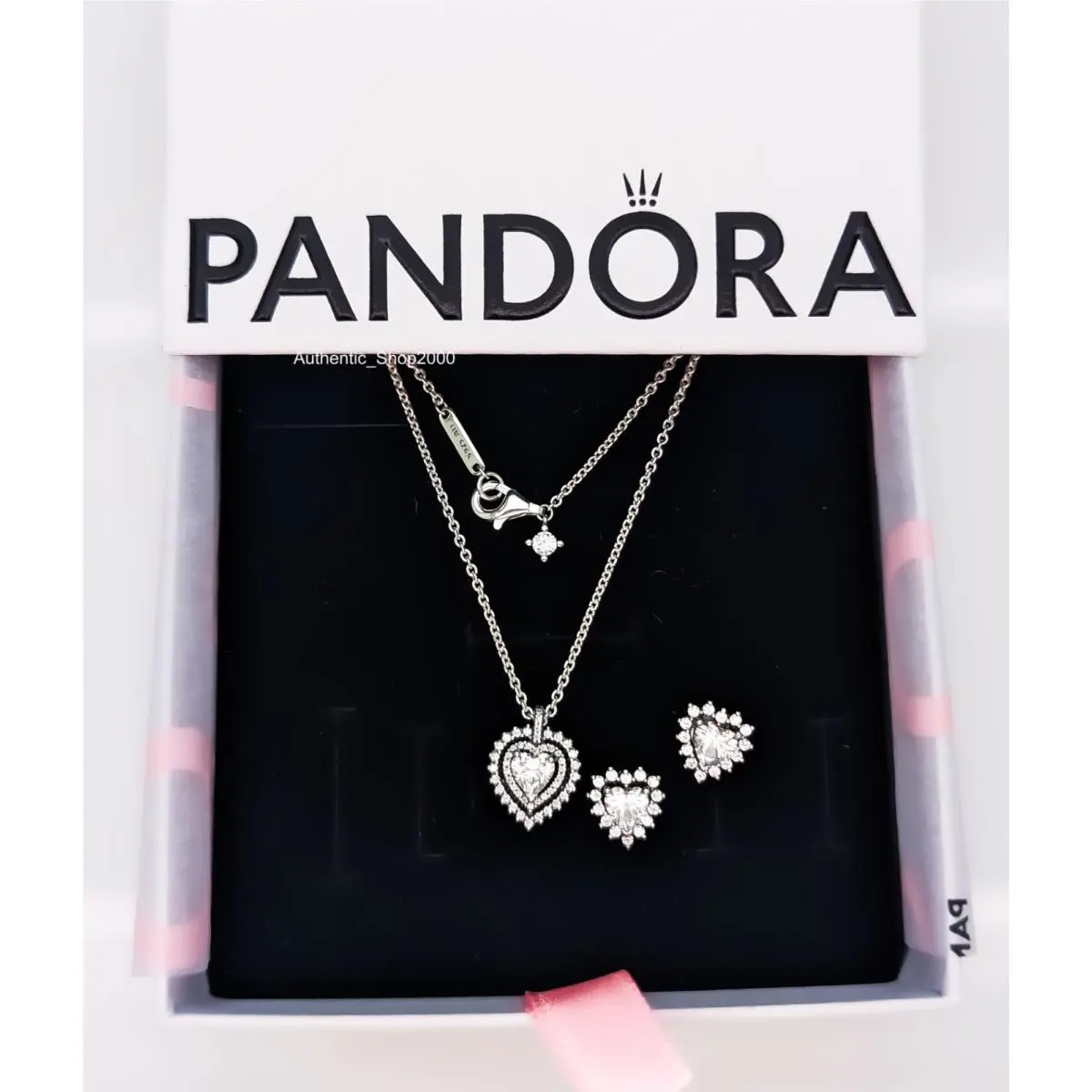 Pandora 925 Sparkling Double Heart Halo Necklace Stud Earring Gift Set