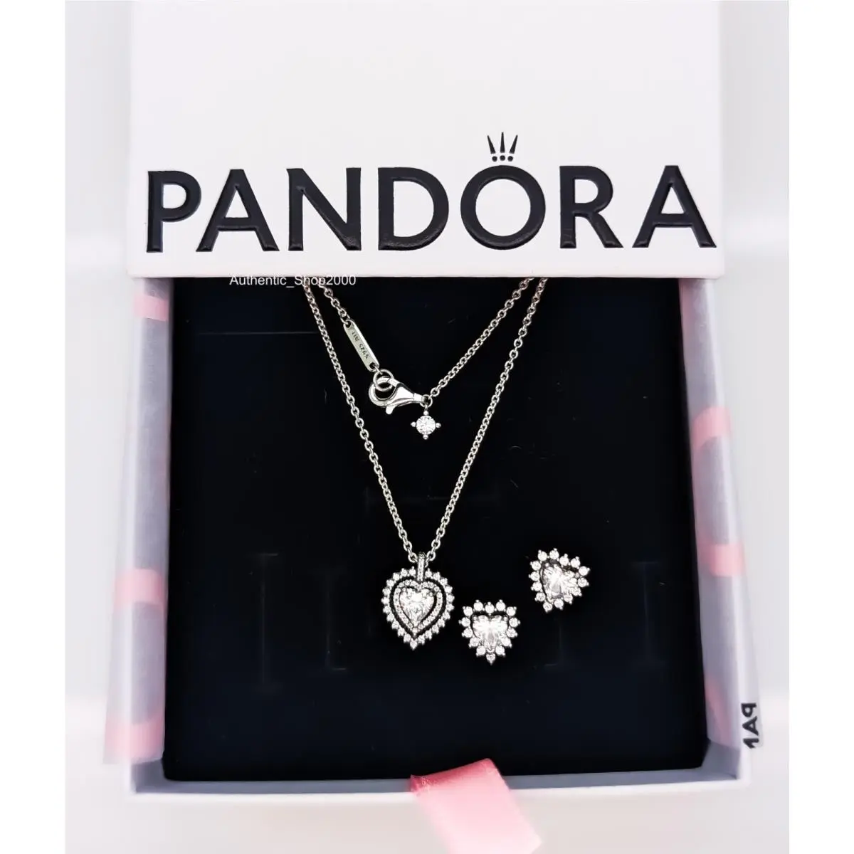 925 Sparkling Double Heart Halo Necklace Stud Earring Gift Set Gift Set = Earrings + Necklace by Pandora