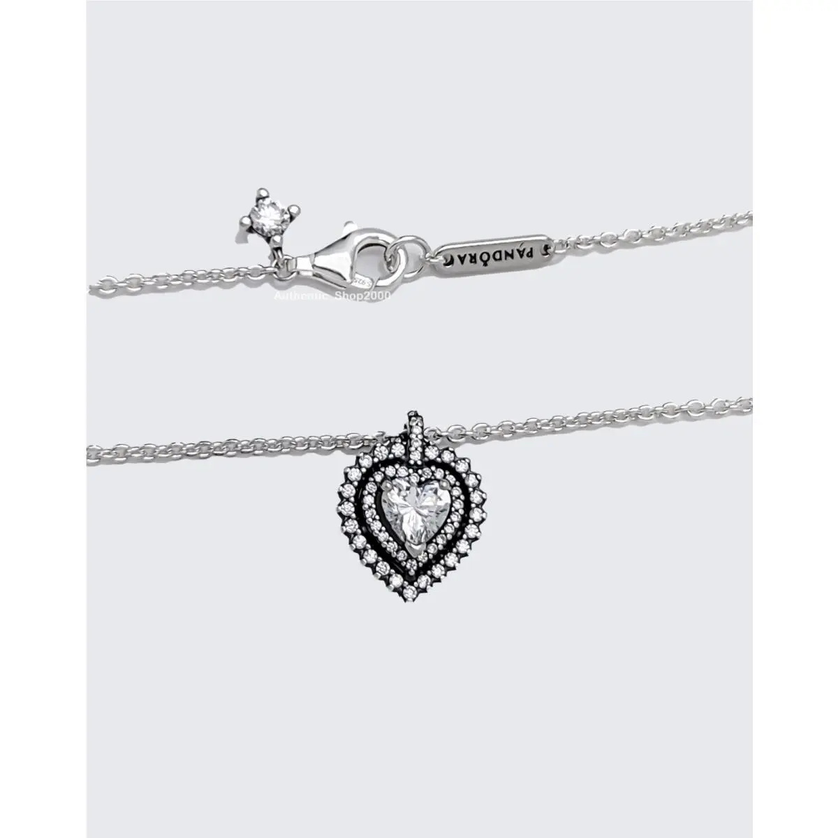 925 Sparkling Double Heart Halo Necklace Stud Earring Gift Set Necklace Only by Pandora