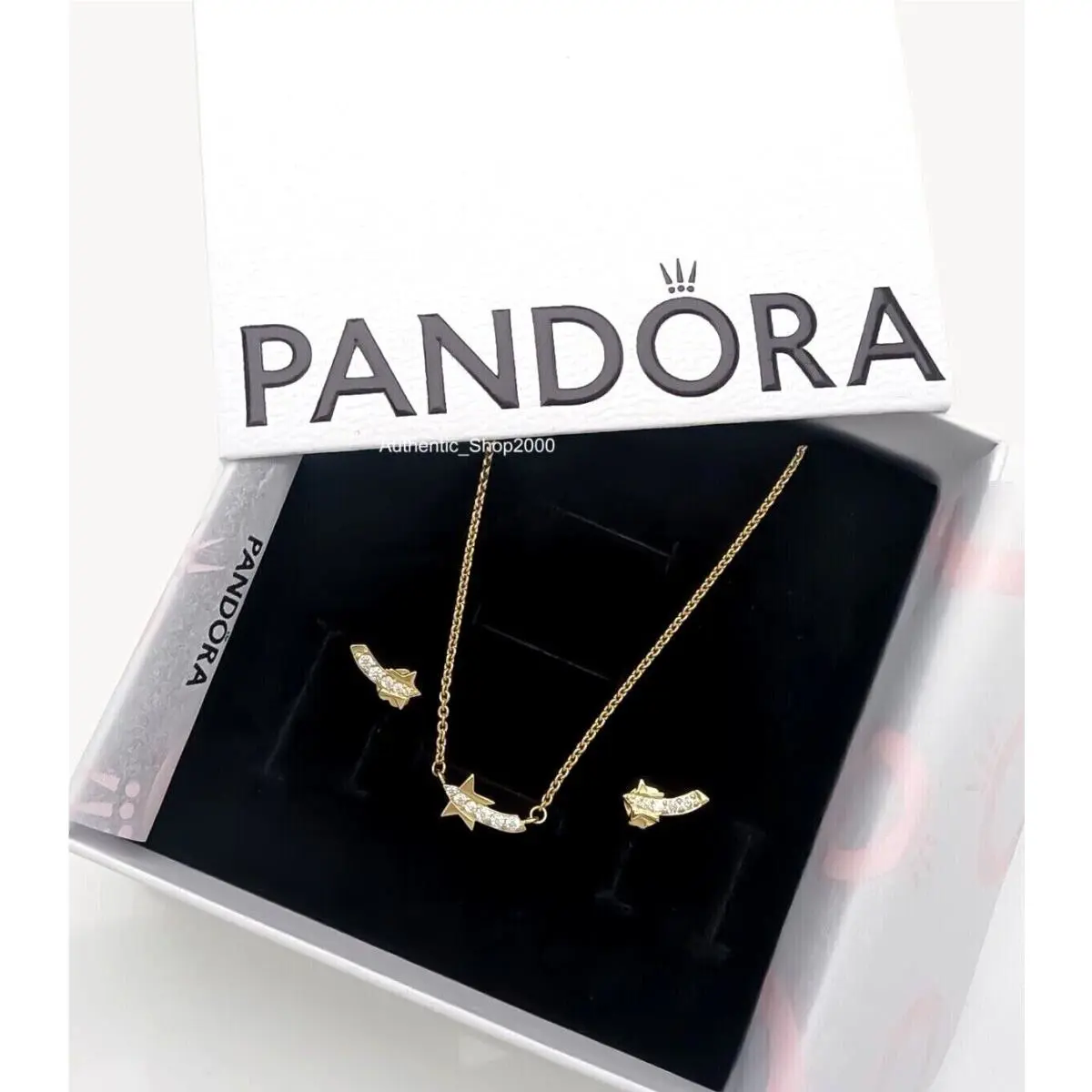 Pandora 14k Gold P Shooting Star Necklace Stud Earring Gift Set B802276