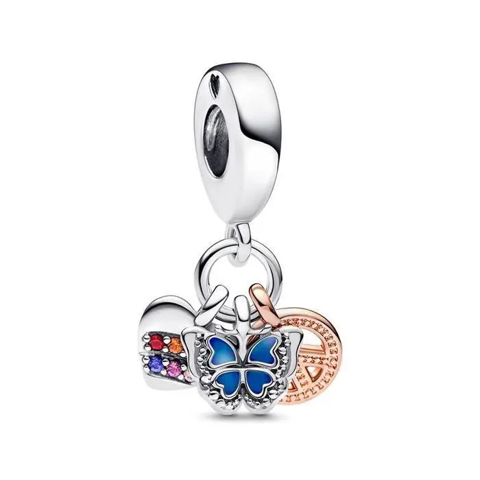 Pandora Two-tone Rainbow Heart Butterfly Peace Triple Dangle Charm 782572C01