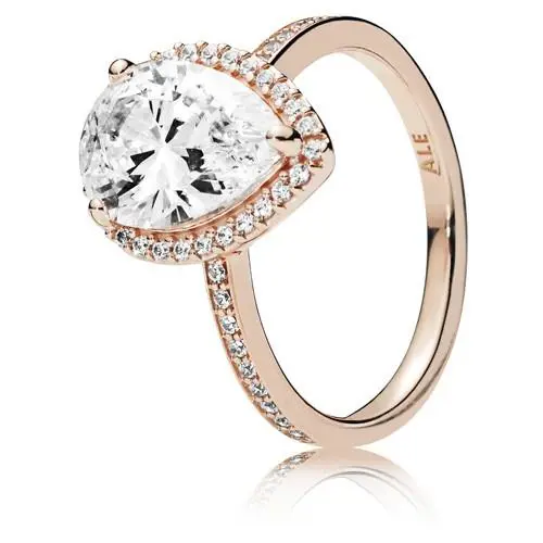 Pandora Ring in Pandora Rose with 1 Claw-set Pear-cut CZ and 46 Bead-set Clear 1