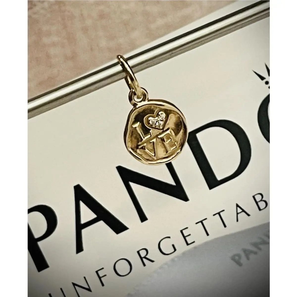 Pandora 14k Gold Sparkling Love Stamp Dangle Charm 752605C01
