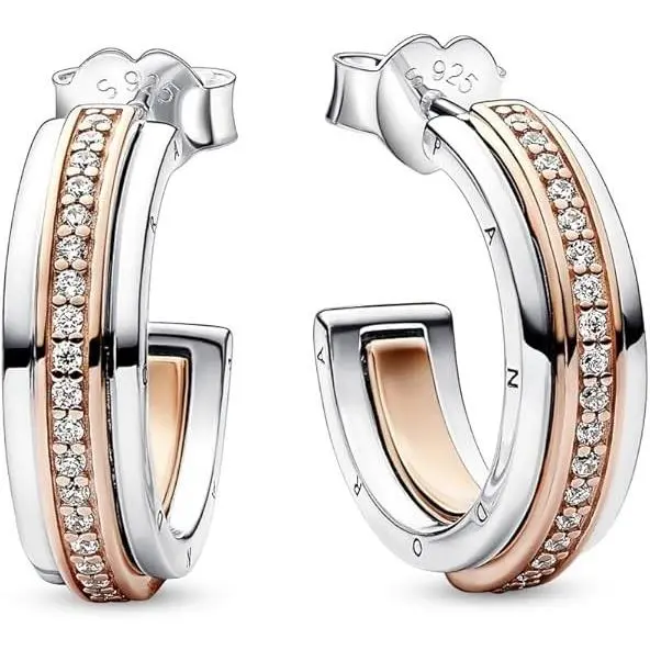 Signature Two Tone Logo Pave Hoop Earrings 282737C01 by Pandora