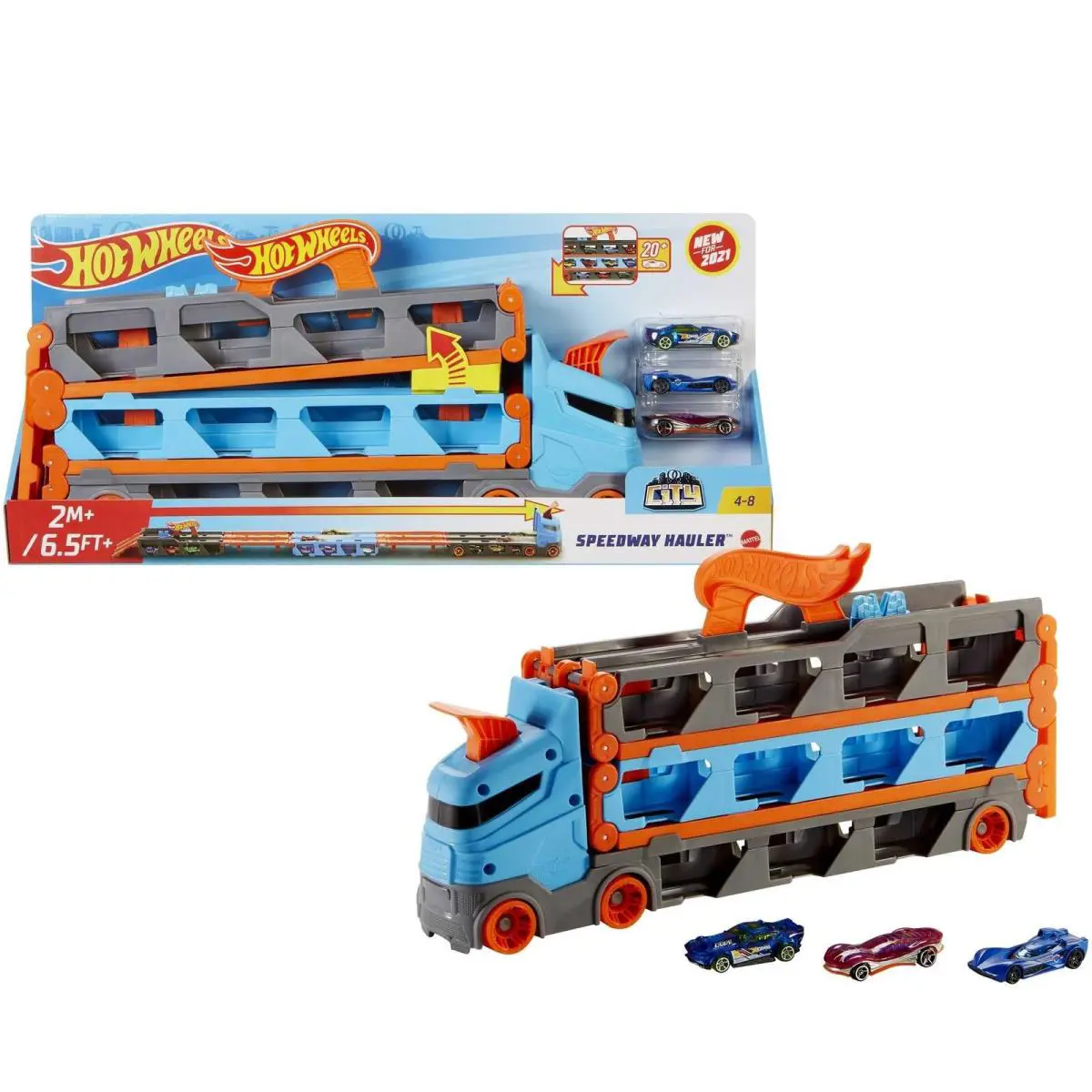 Hot Wheels Speedway Hauler 3 Car Set with 6 Foot Racetrack and Launcher