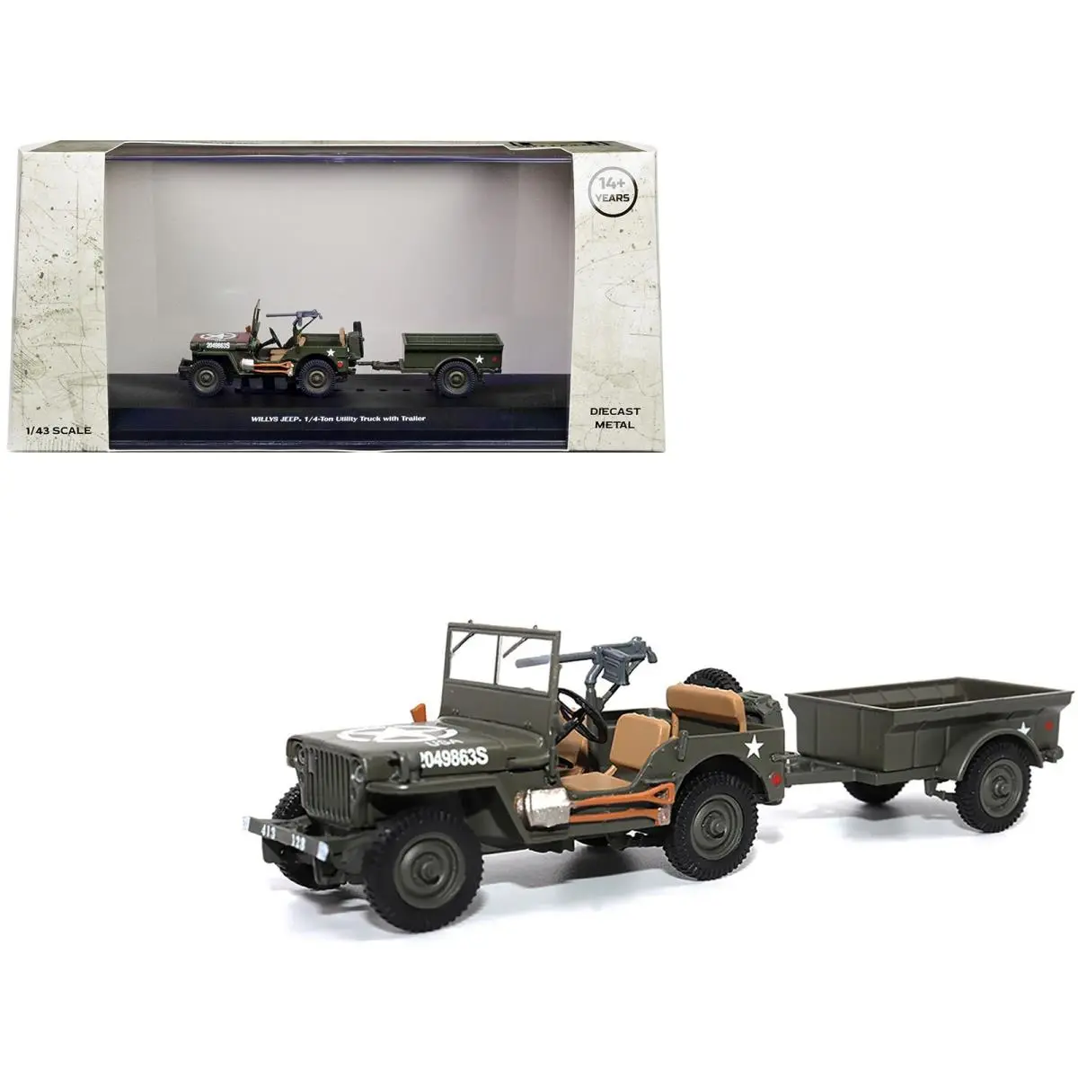 Willys Jeep 1/4 Ton Utility Truck Olive Drab with Trailer 1/43 - Multi-Color