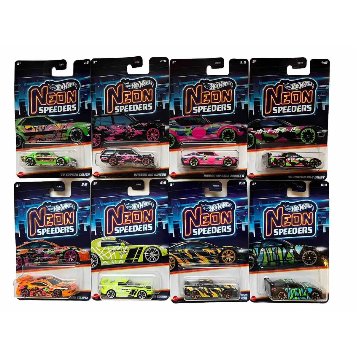 Hot Wheels Neon Speeders Series 2 Full Set Of 8 Cars Mitsubishi Datsun 2024