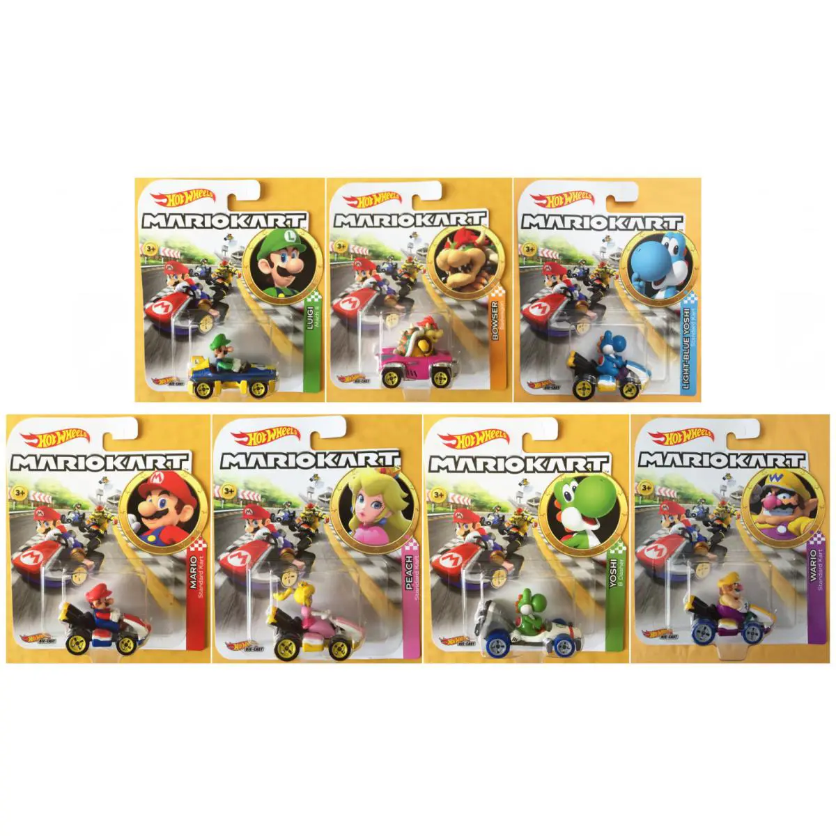 Hot Wheels 2019 Mario Kart Set of 7 - Mario Peach Yoshi Bowser Luigi Wario
