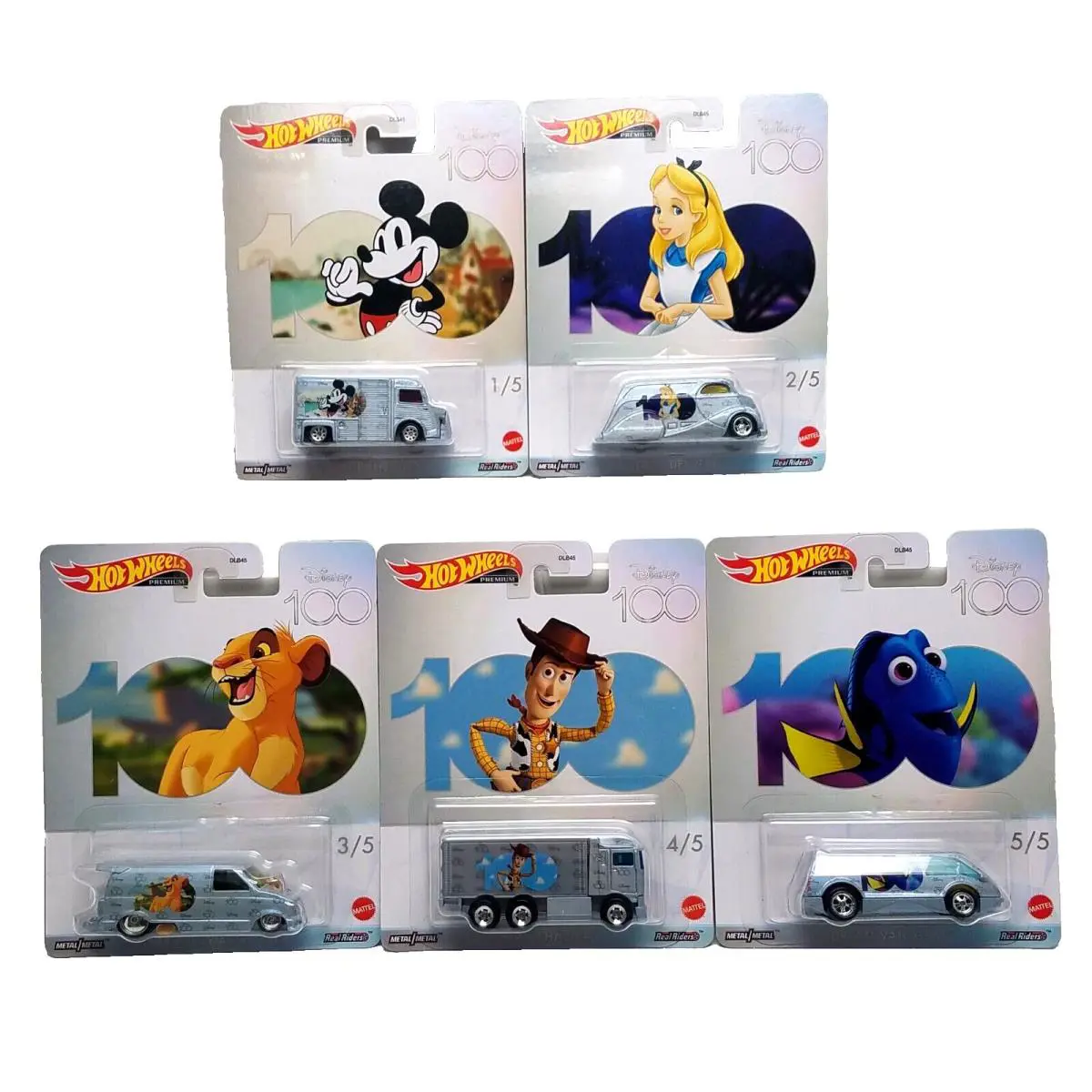 Set of 5 Hot Wheels 1:64 Disney100 Character Vans Mickey Alice Simba Woody Dory - Silver