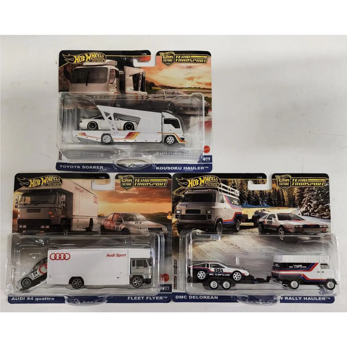 Complete 3 Car Set Case F 2025 Hot Wheels Team Transport Soarer Dmc Audi