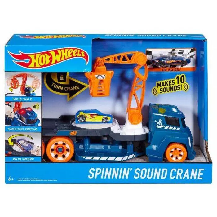 Hot Wheels Spinnin` Sound Crane Truck with Turntable Bed Lights and Car