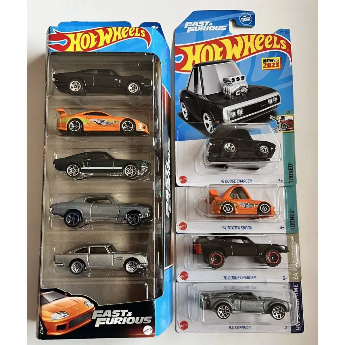 Hot Wheels Fast Furious 5 Pack + Tooned Supra Charger 70 Charger Ice