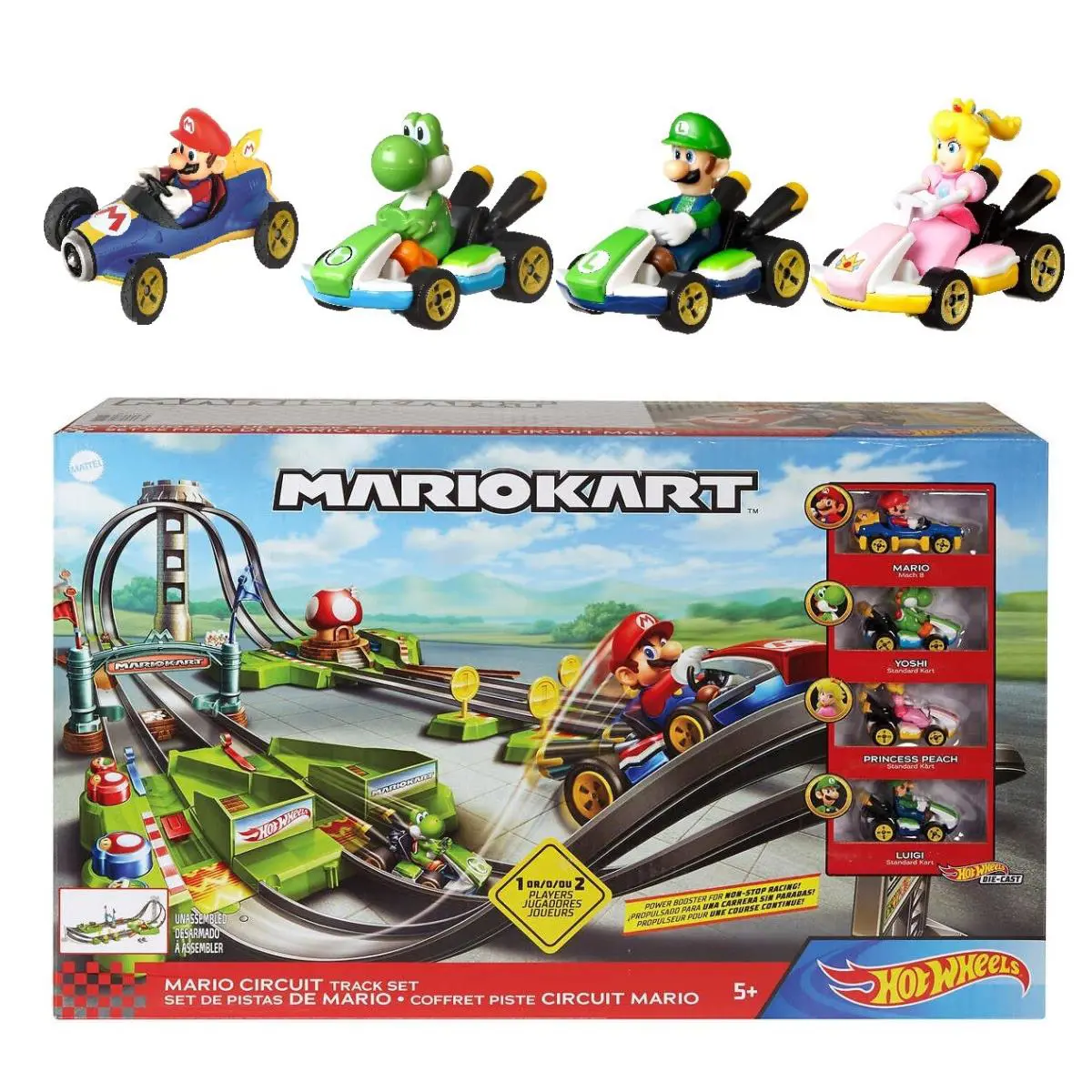 Hot Wheels Mario Kart Circuit Track Set + Yoshi Princess Peach Luigi Die-cast