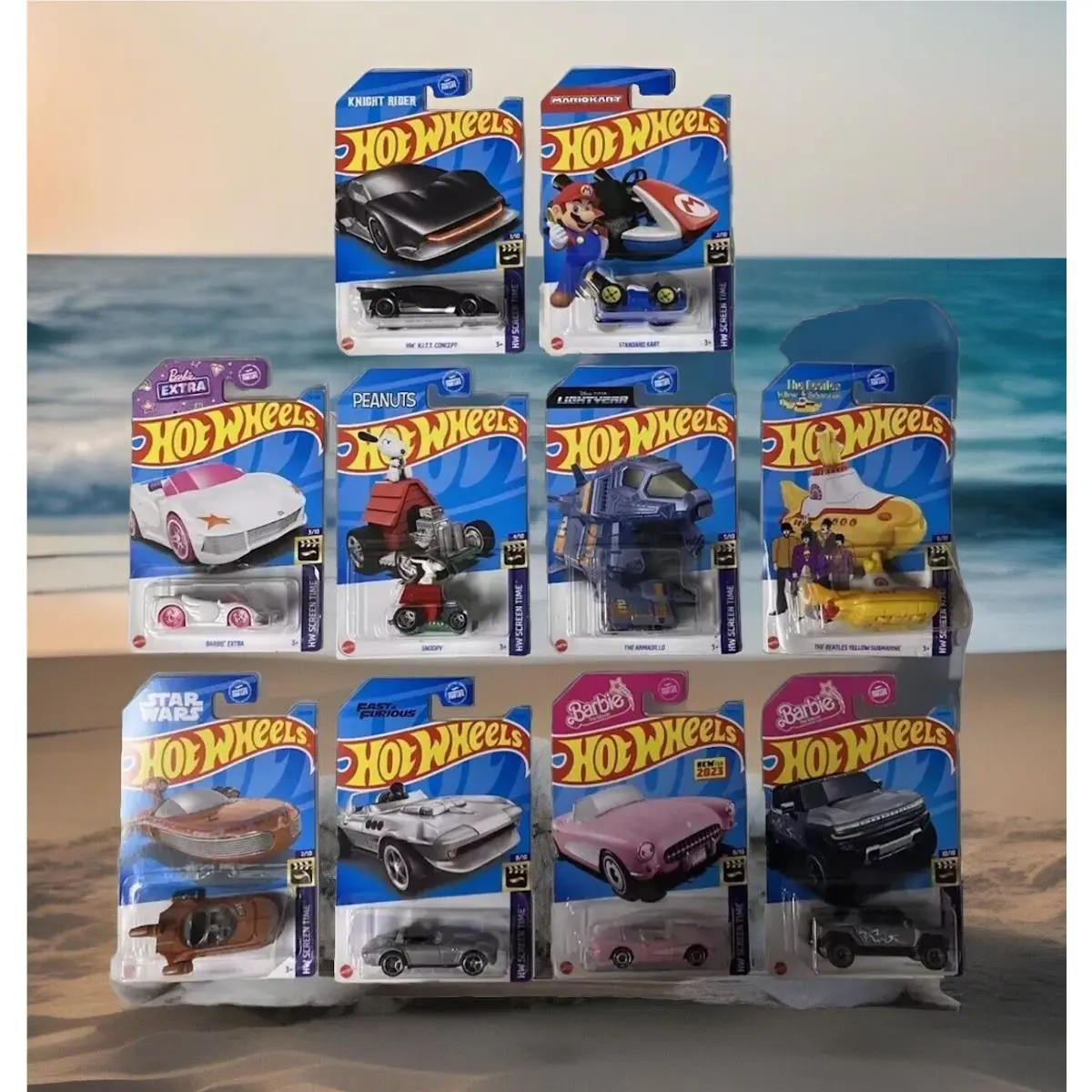 Hot Wheels 2023 Screen Time Complete Set 1-10 Barbie Mario 007 Bond Snoopy Buzz