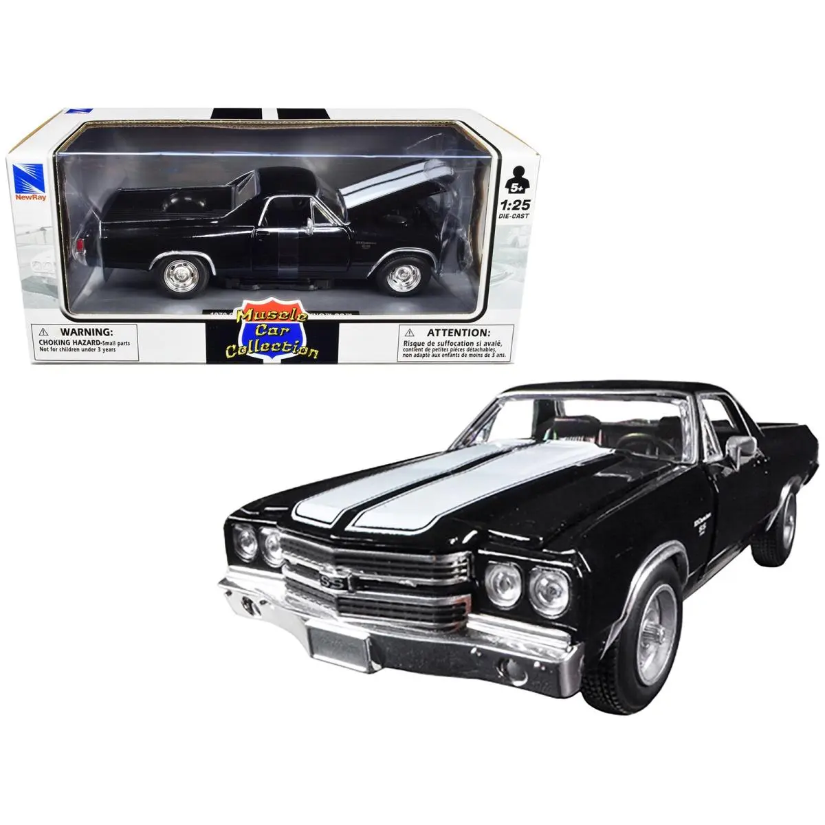 1970 Chevy El Camino SS Black White Stripes 1/25 Diecast Muscle Car Ray - Black, White