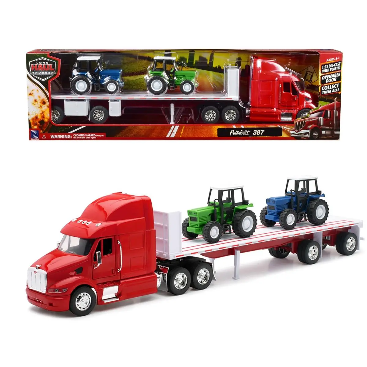 Peterbilt 387 Flatbed Truck Red with 2 Farm Tractors Blue Green Series 1/32 - Red,Blue and Green