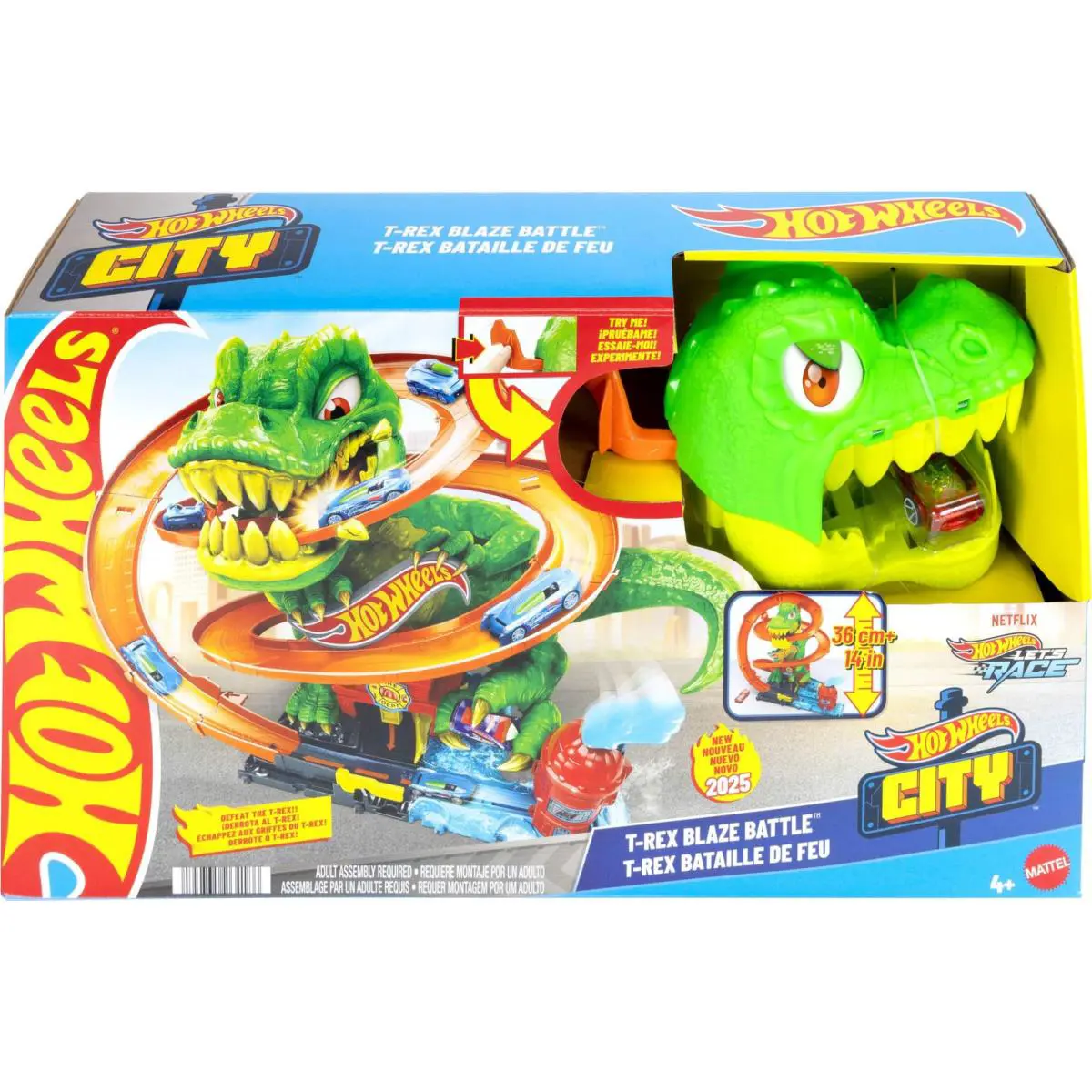 Hot Wheels Zakręcony Tor Remiza T-rexa Zestaw do Zabawy Ok. 35 cm Wysokości t