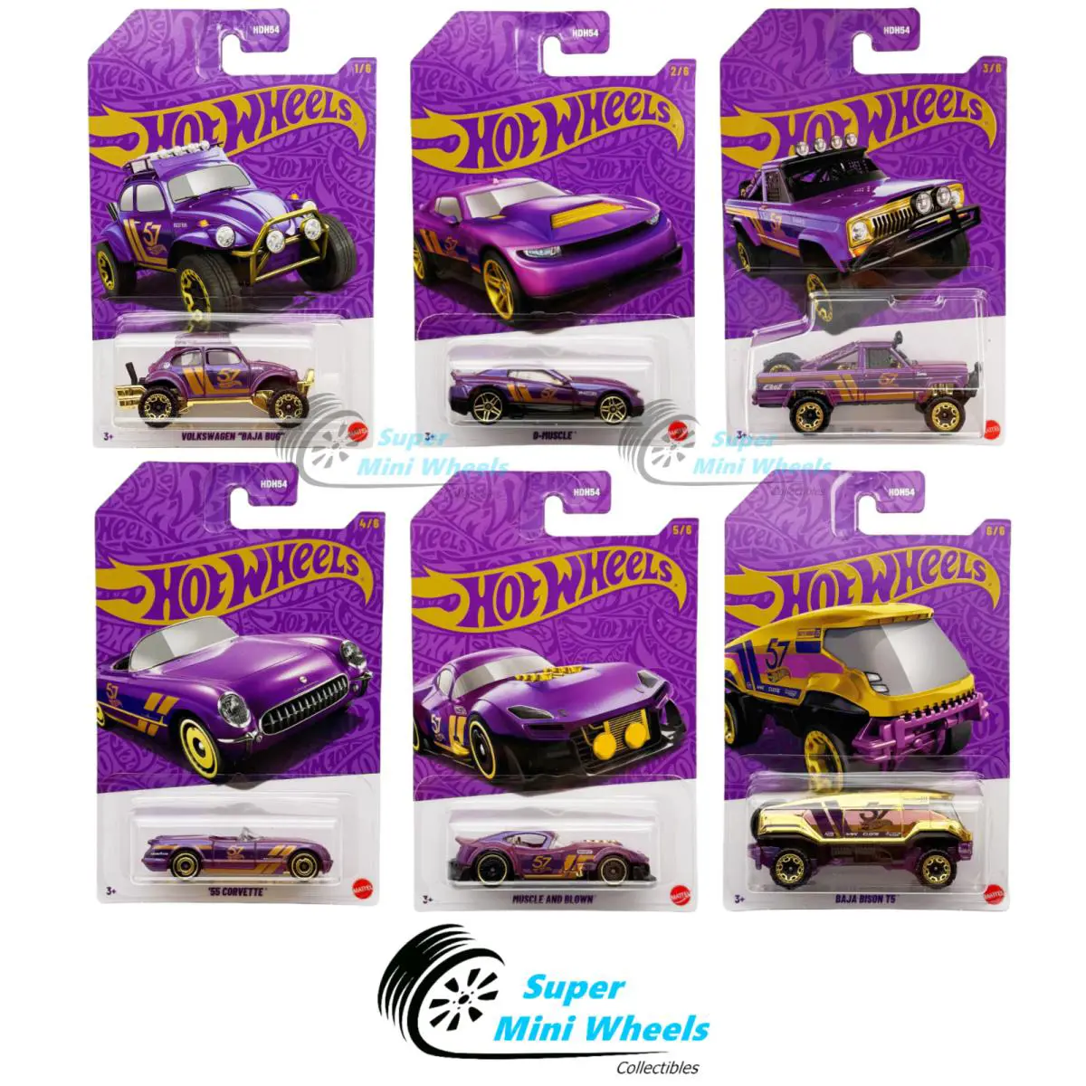 Hot Wheels 2025 Pearl Chrome - G Case 6 Cars Set 57th Anniversary Series - Purple