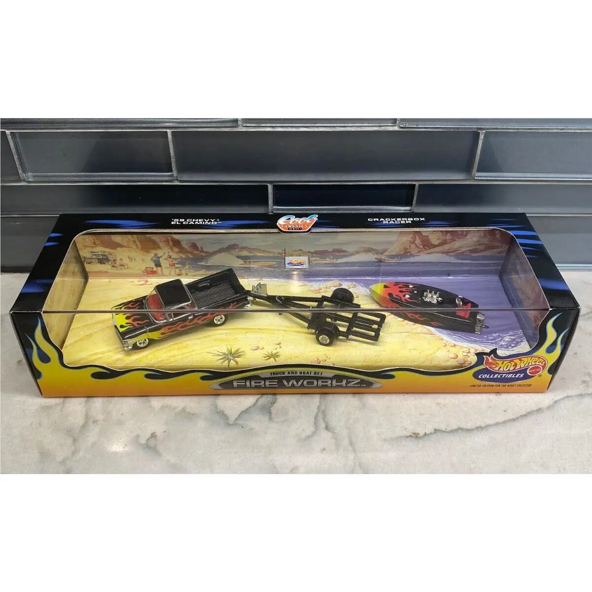 Hot Wheels Fire Workz ‘59 Chevy El Camino Black with Flames and Boat