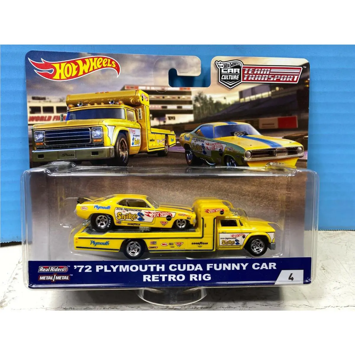 1/64 Hot Wheels Team Transport 1972 Plymouth Cuda Funny Car Retro Rig The Snake