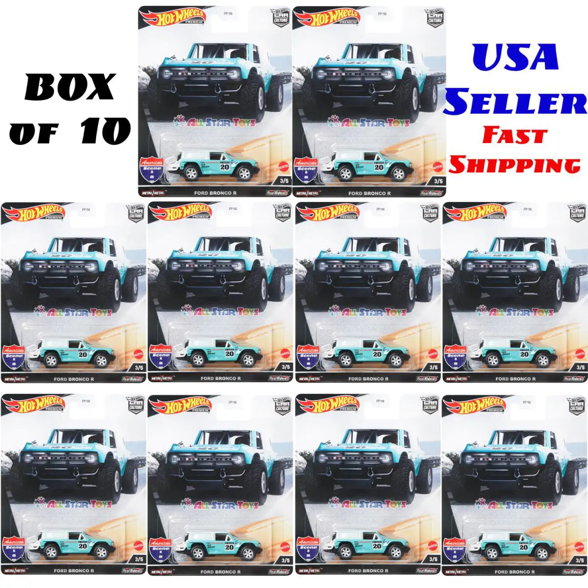Hot Wheels 1:64 Car Culture American Scene Ford Bronco R Case OF 10 - 957J HCK05 - Blue
