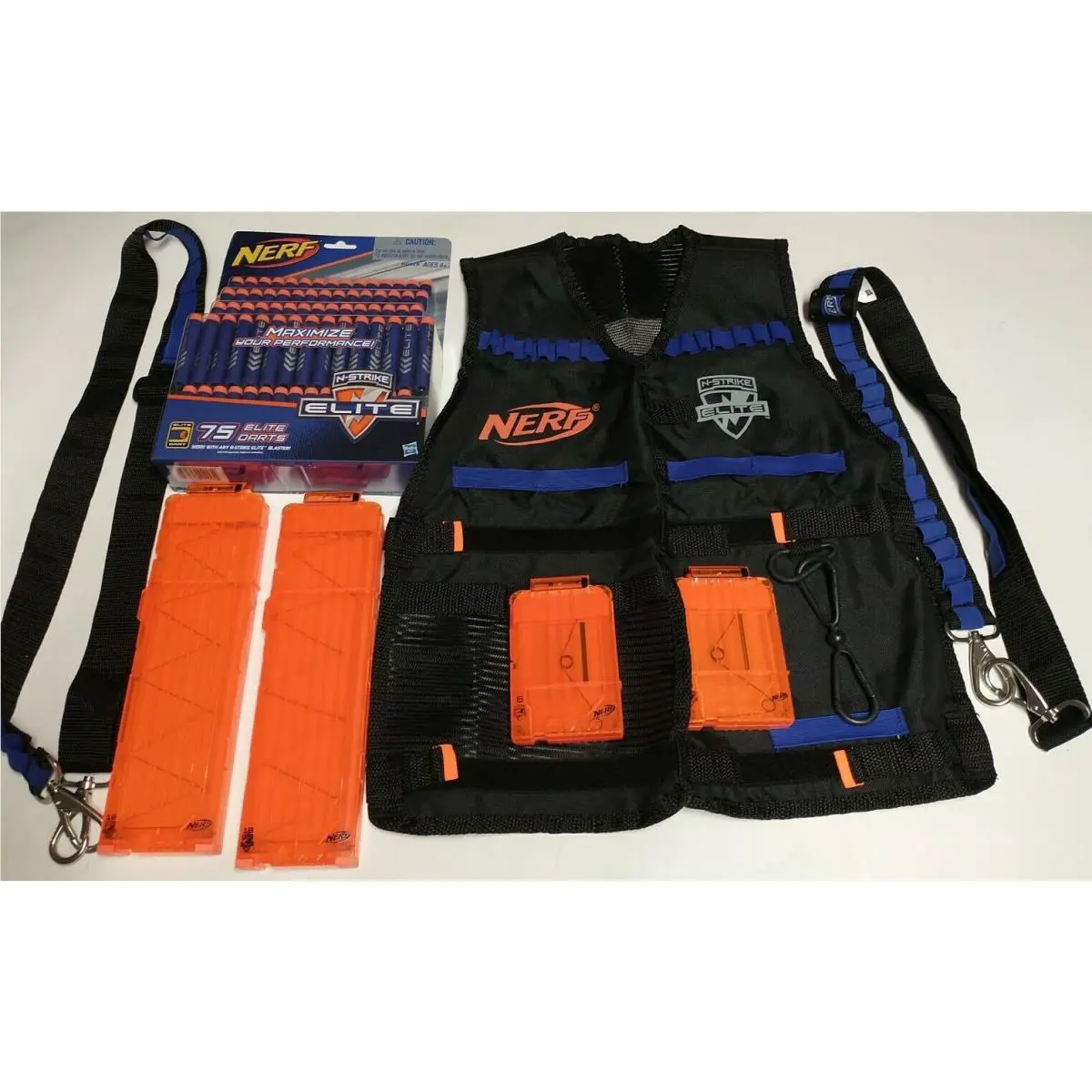 Nerf Gun Gear Lot: Tactical Vest X2 Blue Bandoliers 75 Darts Nisb X4 Clips