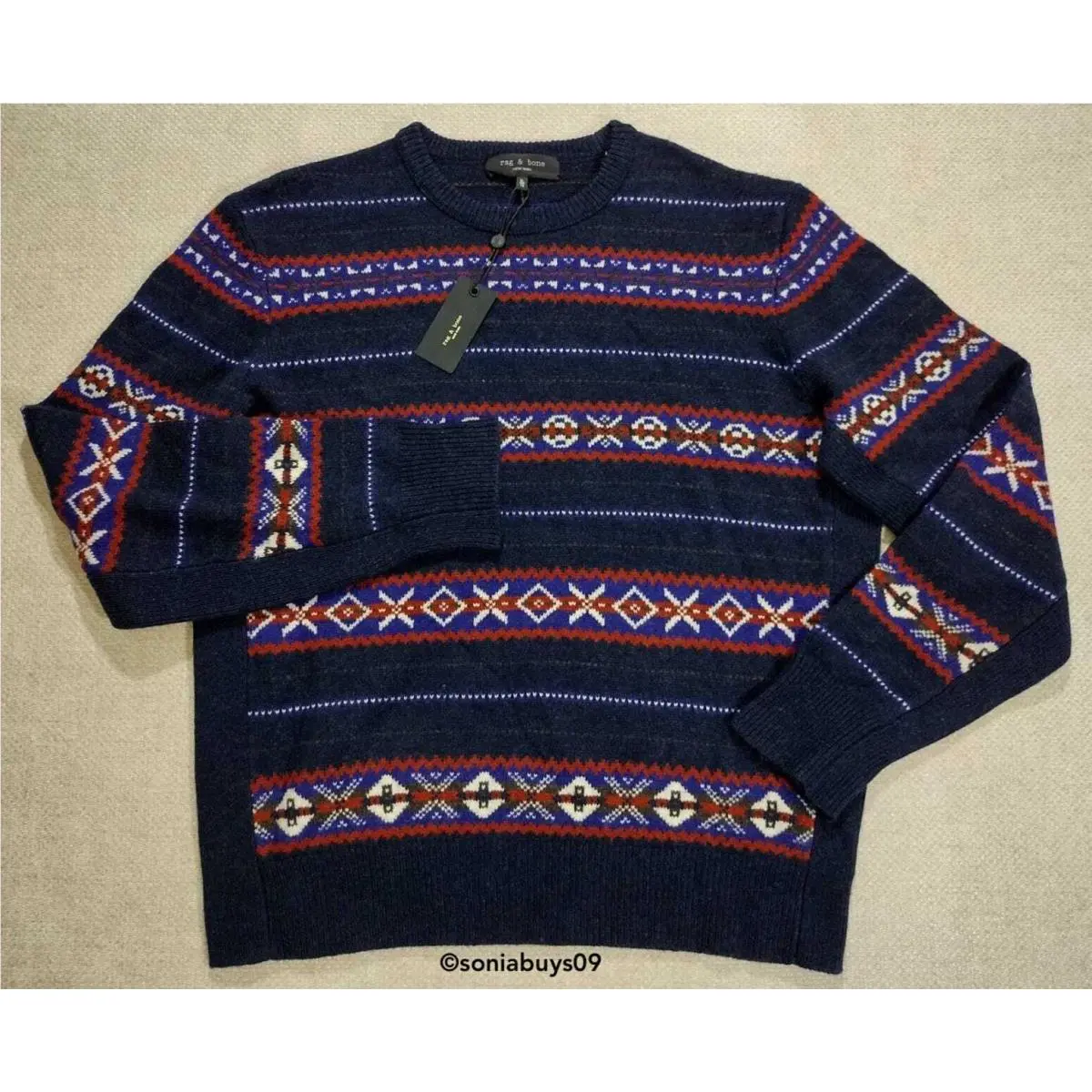 Rag Bone Men`s Wesley Fair Isle Wool Crewneck Sweater Navy Multi Size XL