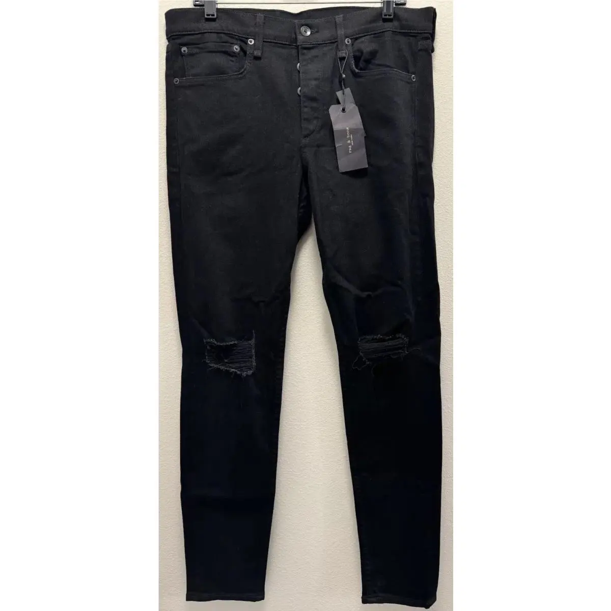 Rag Bone Men`s Size 34x33 Fit 1 Extra Slim Distressed Black Denim Jeans Usa by Rag & Bone