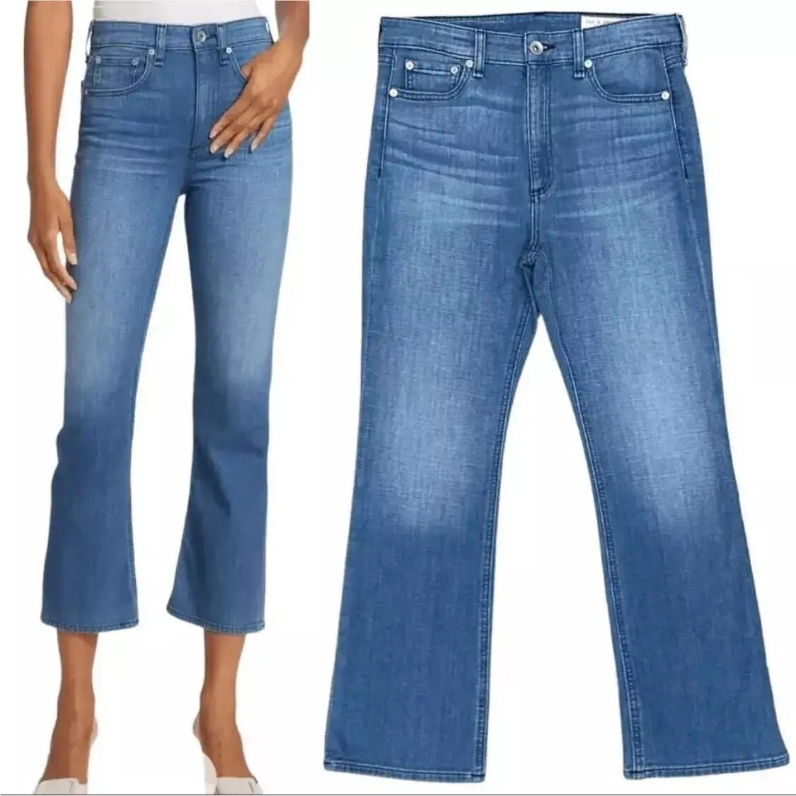 Rag Bone Nina Women`s Cropped Flare Ankle Jeans Blue Sz-34