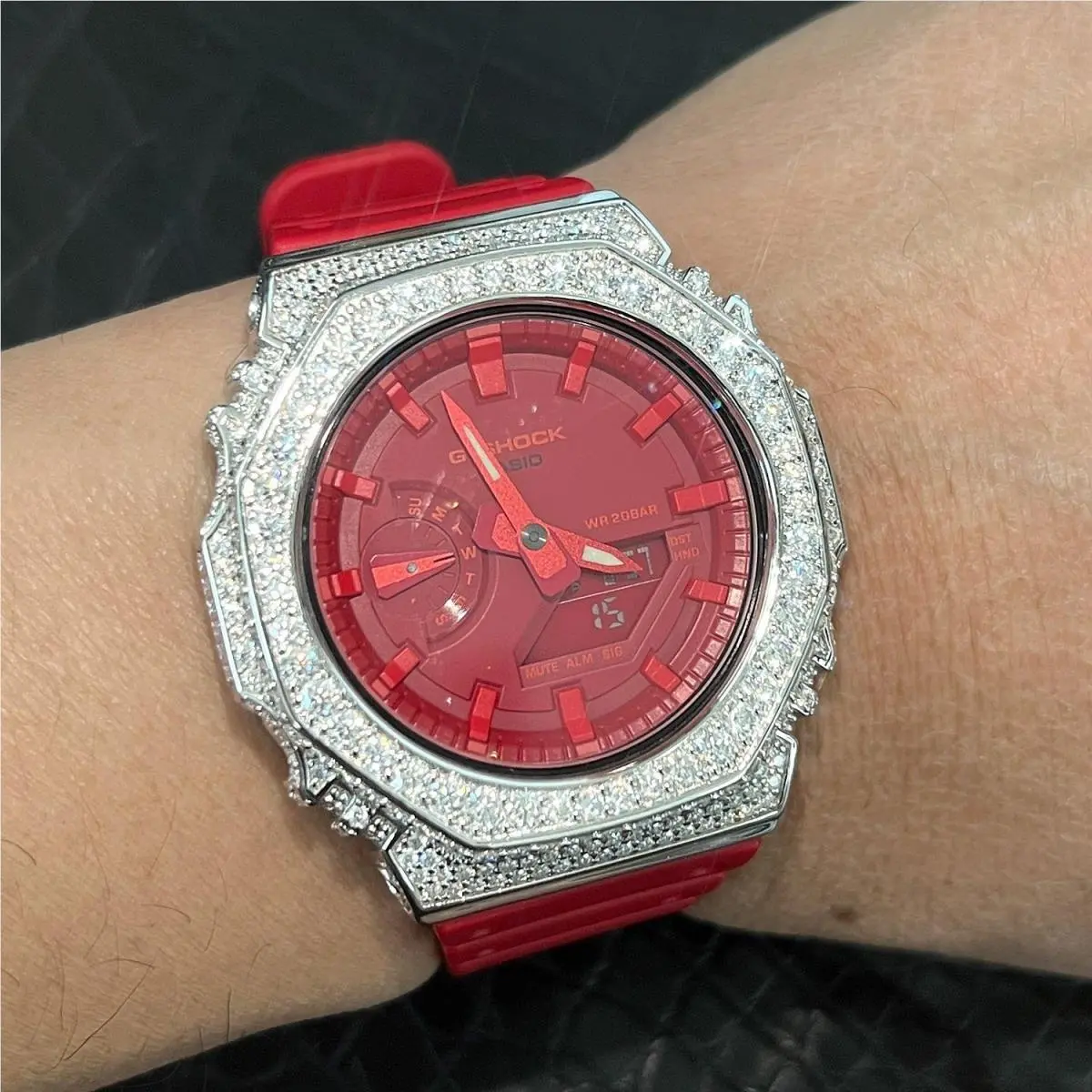 5.35 Carat Moissanite Iced Out  G Shock GA-2100 Pass Diamond Testers Red by Casio